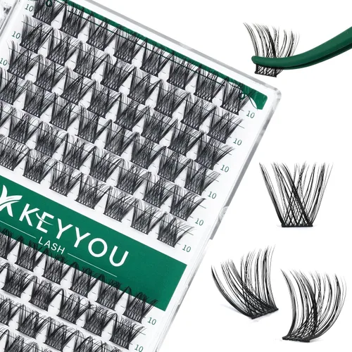 Miniatura 95 de KEYYOU Racimos de pestañas, 96 piezas de extensiones de pestañas DIY, rizado D de 16 mm, negro, realista, no irritante, fácil de colocar en casa