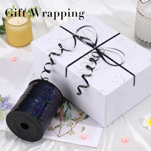 Miniatura 2 de Cinta Rizadora Negra, 500 Yardas, Metálica Brillante, Láser Fina, Rizada, Perfecta para Envolver Regalos, Globos, Manualidades, Fiestas, Ocasiones