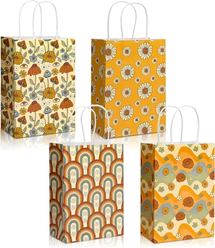 AnyDesign 12 bolsas de regalo de papel floral bohemio retro a granel de margaritas arcoíris con asas, bolsa de dulces vintage para boda, cumpleaños,
