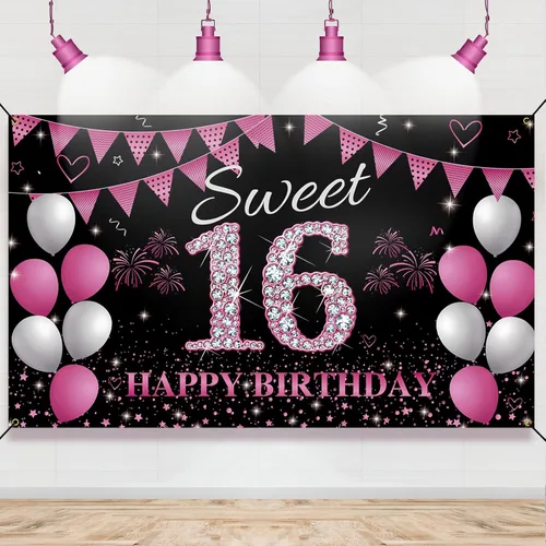 Cartel de fondo de cumpleaños de 16 años, color rosa intenso, decoraciones de fiesta de dulces dieciséis años, accesorios para fotos de cumpleaños