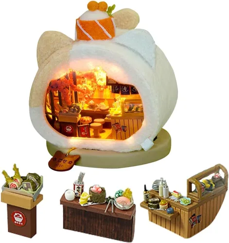 Miniatura 13 de TOPBSFARNY Kit de casa en miniatura, 2 piezas de animales lindos en miniatura, casa de madera para muñecas de bricolaje, modelo en miniatura con luz