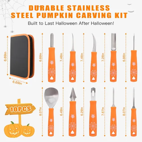 Miniatura 2 de Kit de tallado de calabaza, herramientas de Halloween, juego profesional de tallado de 10 piezas, acero inoxidable de doble cara, herramienta