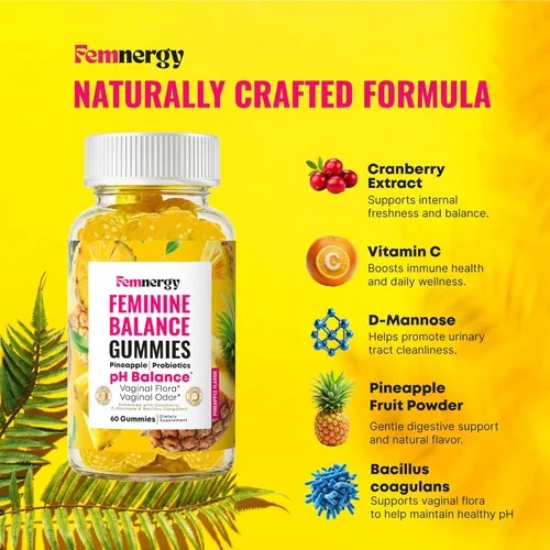 Miniatura 5 de Feminine Balance - Gomitas probióticas para mujer, salud vaginal y equilibrio del pH, suplemento natural de gomitas con probióticos, piña