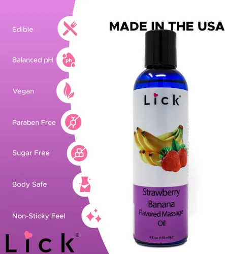 Miniatura 7 de Lick Aceite de masaje con sabor a fresa y plátano, aceite de masaje comestible de fruta dulce cremosa con vitamina E, deslizamiento suave y seguro