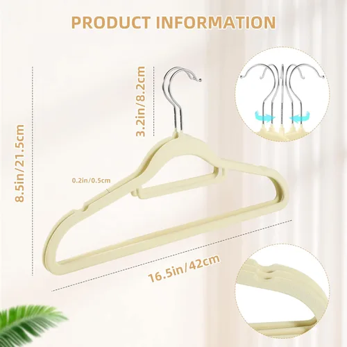 Miniatura 2 de Paquete de 20 perchas de terciopelo antideslizantes con gancho giratorio de 360°, perchas de ropa beige que ahorran espacio, resistentes para adultos