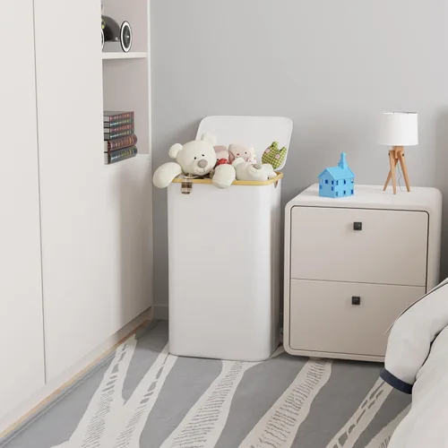 Miniatura 2 de SUOCO Cesta de lavandería con tapa, cesta de ropa de 29 galones (110 litros) con asas de bambú, cesta grande plegable para la ropa sucia para Blanco