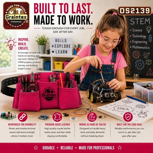 Miniatura 6 de Graintex DS2139: Cinturón portaherramientas de 9 bolsillos para niños en color rosa, cuero de ante, cinturón real para niños, delantal