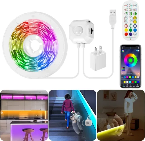 Miniatura 8 de Tira de luces LED con sensor de movimiento, 2x9.8 pies de luces LED RGB activadas por movimiento para debajo de la cama, luces sincronizadas