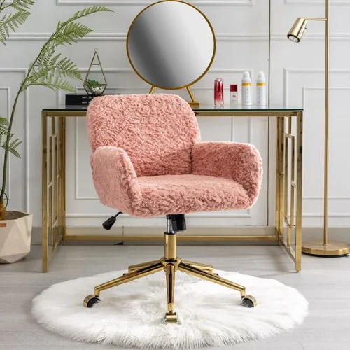 Miniatura 13 de Henf Silla de escritorio tapizada en piel sintética negra para maquillaje con base dorada, silla giratoria de oficina, silla de computadora