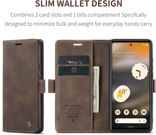Miniatura 2 de Kowauri Funda para Google Pixel 6A, diseño clásico de piel con cierre magnético, con ranura para tarjetero, a prueba de golpes, funda protectora Café