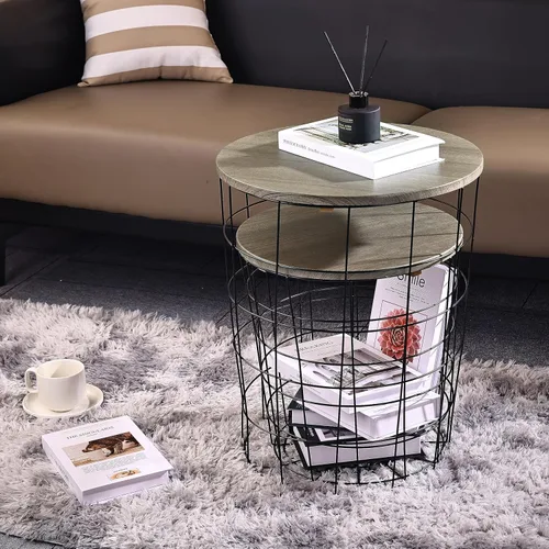 Miniatura 2 de Elevon Mesa auxiliar de mesa anidable, base de cesta de alambre con tapas de madera, juego de 2, gris