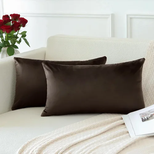 Miniatura 3 de OTOSTAR Paquete de 2 fundas de almohada decorativas de terciopelo suave y sólido de 16 x 24 pulgadas, fundas de almohada lumbares, fundas de Marrón