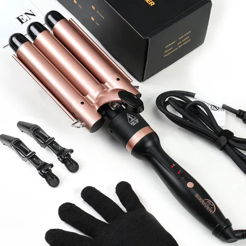 Varita rizadora de triple barril, calentamiento rápido, control de temperatura de 2 LED, apagado automático, ondas playeras y estilo enredador de