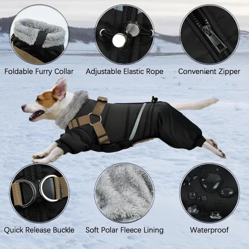 Miniatura 3 de BRKURLEG Abrigo Negro para Perro con Arnés, Chaqueta de Invierno para Perro, Mono para Perros Chaquetas Corporales Cálidas, Abrigos de Invierno