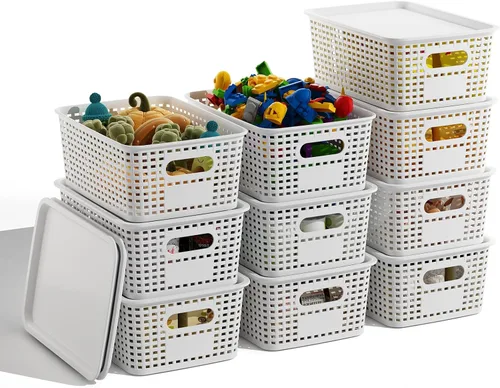 Miniatura 11 de Cestas de almacenamiento de plástico negro con tapas, paquete de 10 recipientes de almacenamiento apilables contenedores para organización