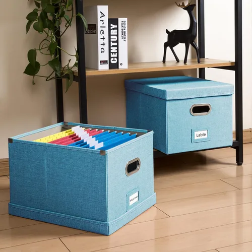 Miniatura 3 de PRANDOM Caja Organizadora de Archivos - Juego de 1 Caja de Almacenamiento Plegable Decorativa de Lino para Archivos Colgantes con Tapas para Azul