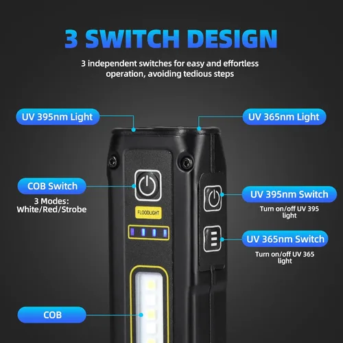 Miniatura 4 de DARKBEAM Linterna UV 365+395 Luz Negra, Linternas LED EDC de Alto Lumen USB C Recargables Lámpara Woods, Mini Luz Roja COB Magnética - Energía