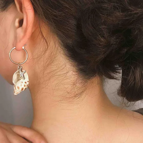 Miniatura 2 de Erimberate Aretes de aro de concha de concha de mar bohemios, aretes colgantes de estrella de mar dorados, aretes de concha, aretes de estrella