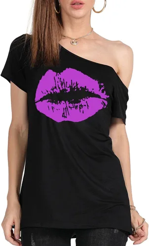 Miniatura 57 de MAGICMK - Camiseta casual para mujer, con estampado de labios y hombro descubierto, talla extragrande