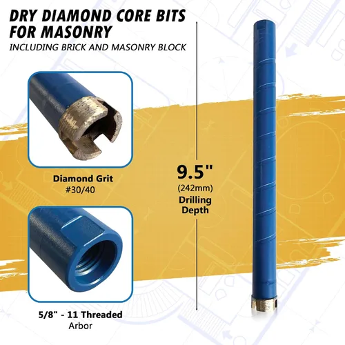 Puntas de taladro de núcleo de diamante seco de 7/8" para ladrillo, bloque o mampostería, profundidad de perforación de 9.5 pulgadas, eje de 5/8"-11