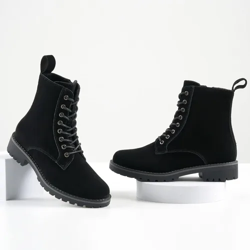 Miniatura 5 de JABASIC Botas de combate de cuero de gamuza para mujer, botas de tobillo con cordones y cremallera lateral