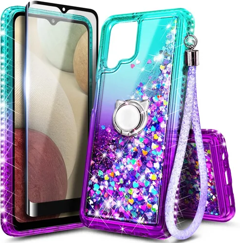 NZND Funda para Samsung Galaxy A12 con protector de pantalla de vidrio templado (cobertura máxima), soporte de anillo/correa para la muñeca,
