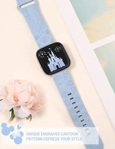 Miniatura 4 de Correa grabada de dibujos animados compatible con Fitbit Versa 2 Band/Versa Lite/Versa Band para mujer, lindas correas de repuesto de silicona Azul