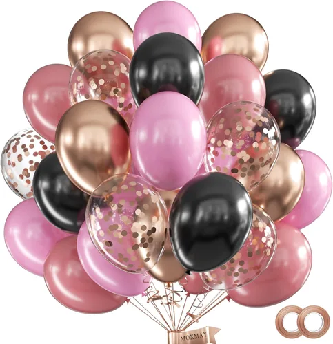 Miniatura 8 de Juego de 62 globos de 12 pulgadas, color negro, blanco, plateado, globos de fiesta con confeti plateado metálico blanco y negro con cintas