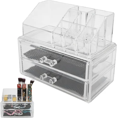 Miniatura 4 de Caja de almacenamiento de maquillaje, organizador transparente de dos niveles, joyería cosmética, lápiz labial, soporte para exhibición de lápiz