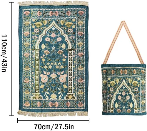 Miniatura 2 de Alfombra cuadrada de oración musulmana verde de 2 pies 4 pulgadas x 3 pies 7 pulgadas, con bolsas de diseño elegante, suave, antideslizante