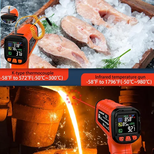 Miniatura 4 de Pistola Termómetro Infrarrojo, Incluye Sonda Tipo K para Humedad, Termómetro Digital Láser de Temperatura de -58 °F a 1796 °F para Cocinar, Pistola