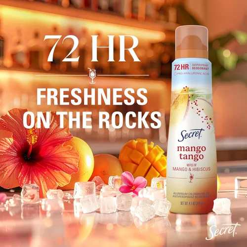 Miniatura 3 de Secret Dry Spray Desodorante antitranspirante para mujeres, 72 horas de frescura en las rocas con ácido prohialurónico, edición Miami Mocktails