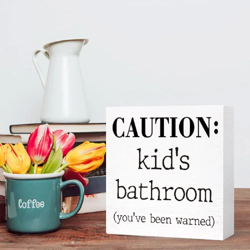 Miniatura 5 de Letrero de madera para baño de niños, divertido letrero de madera de precaución para el baño de niños, estante de baño, estantes de baño, decoración