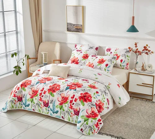 Miniatura 4 de UOZZI BEDDING - Juego de colcha reversible de 3 piezas, tamaño king, diseño floral, color blanco, rojo, verde y multicolor, suave microfibra ligera