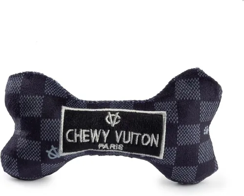 Haute Diggity Dog Black Checker Chewy Vuiton Bone, Juguetes de Peluche de Diseñador para Perros con Chirriador Interactivo, Estimulante Hueso de