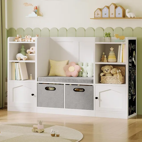 Organizador y almacenamiento de juguetes, estantería para niños con cojín de asiento y pizarra, 2 cajones móviles, caja de almacenamiento de