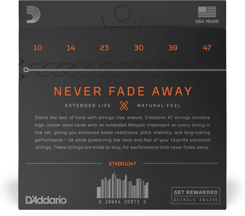 Miniatura 2 de D'Addario Cuerdas para guitarra acústica, XT 80/20 bronce recubierto, XTABR1047, calibre extra ligero 10-47, juego de 6 cuerdas, paquete de 1