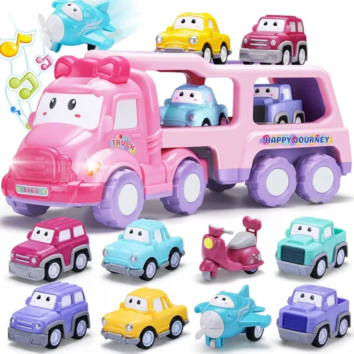 Vehículo de juguete de dibujos animados para niña pequeña, camión transportador rosa 9 en 1 para bebés, automóvil de transporte de energía de