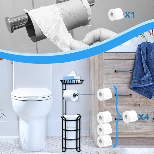 Miniatura 5 de Soporte de papel higiénico con estante, estante de almacenamiento de rollos de papel higiénico con dispensador para baño, color negro