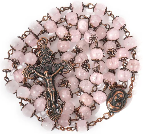 Nazareth Store Rosario de diseño vintage con cuentas de piedra natural, collar de 0.315 in, medalla de suelo santo y cruz crucifijo rosarios