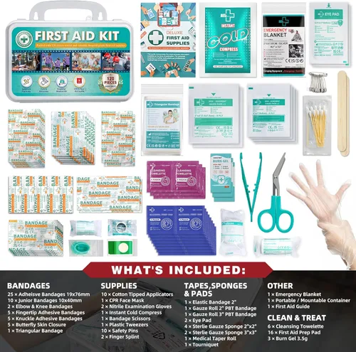 Miniatura 2 de Kit de primeros auxilios General Medi de 120 piezas con estuche duro - Incluye paquete frío instantáneo, manta de emergencia para viajes, hogar