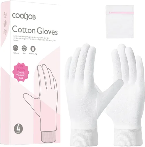 COOLJOB Juego de 4 pares de guantes de algodón hidratante suave con puño elástico elástico, loción nocturna para manos secas, piel eccema, artículos