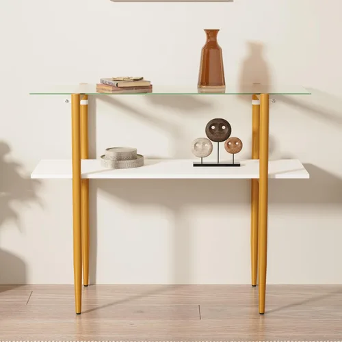 Miniatura 8 de Furnify Mesa de sofá de vidrio, mesa de entrada de estilo moderno de mediados de siglo con vidrio templado y patas doradas, mesa de 2 niveles detrás