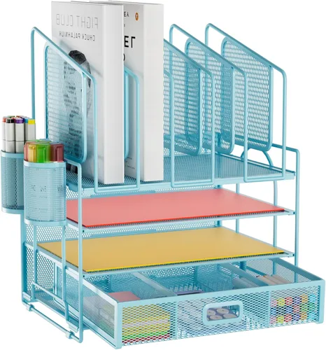Miniatura 7 de Marbrasse Organizador de escritorio con cajón, organizador de archivos de malla de 4 niveles con 5 soportes verticales para archivos y 2 soportes