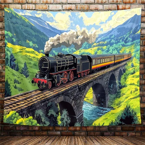 Miniatura 22 de Tapiz de Tren de Vapor, Tapices de Paisaje Otoñal de Tren de Motor Antiguo Decoración para Niños, Tapices de Arte de Acuarela de Bosque de Montaña