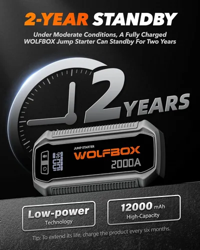 Miniatura 9 de WOLFBOX Arrancador de batería de 2000 A, batería de 44.4 Wh portátil con pantalla LED, paquete de arranque de batería de automóvil de 12 V