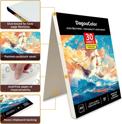 Miniatura 6 de DagouColor Bloc de papel de acuarela, A4, 1 paquete, 30 hojas, papel prensado en frío de 140 libras/10.58 oz/m², libro de artista para adultos
