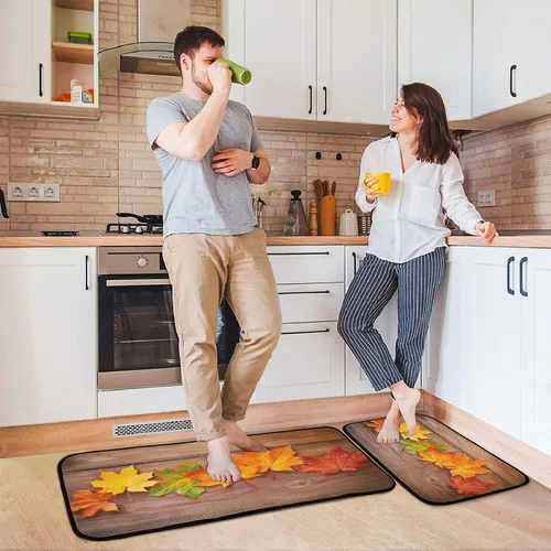 Miniatura 2 de Kitchen Rugs 2 Piece Waterproof Non Slip Kitchen Mat Maple Leaves on Wood Kitchen Rug Set for Sink Office Kitchen Cafe, 19.7"x47.2"+19.7"x27.6