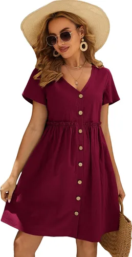 MakeMeChic Vestido de verano de maternidad para mujer, manga corta, cuello en V, botón frontal, vestido tipo túnica para embarazo