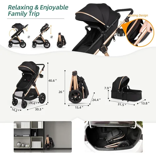 Miniatura 12 de Cochecito de bebé convertible 6 en 1 con moisés con silla de paseo - Silla de recién nacido plegable con saco, cubierta para lluvia, soporte